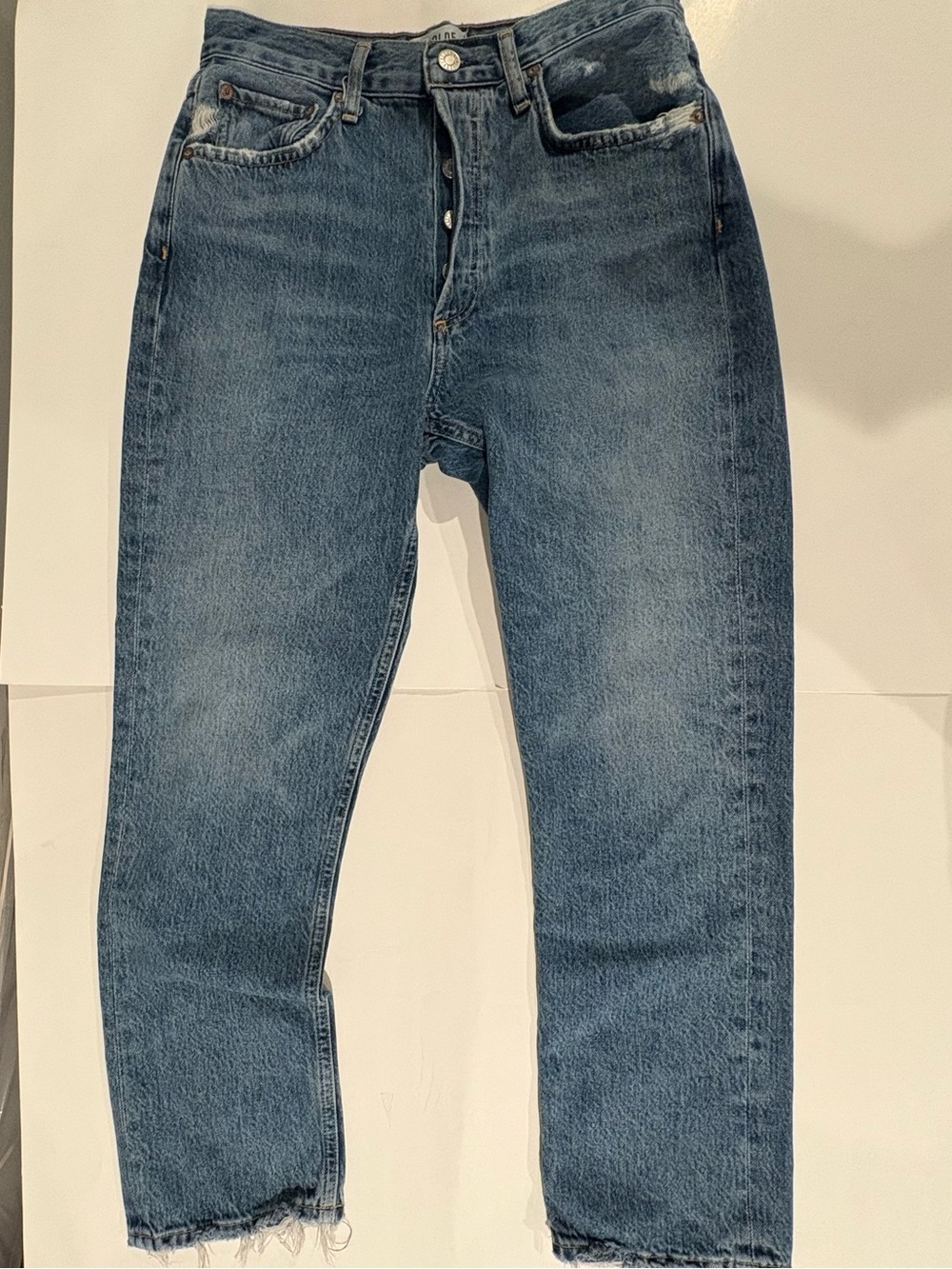Agolde Riley High Rise Straight-Leg Raw Hem Button Fly Jeans Medium Wash 27